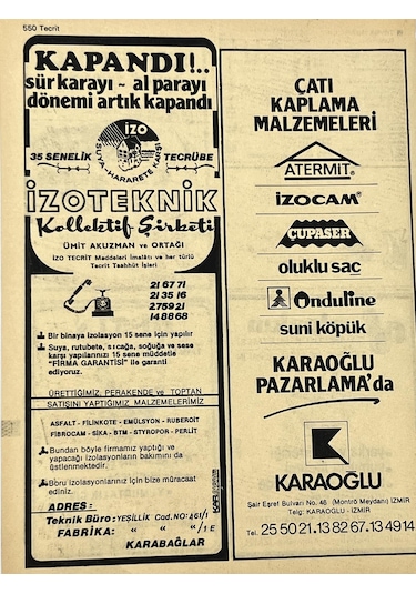 İzmir 1982-1983 Meslek Reklam İlanı Efemera S549