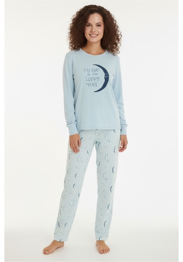 Luxury Thermal Hilal Desenli Kadın Polar Kışlık Pijama Takımı 42064 Lacivert