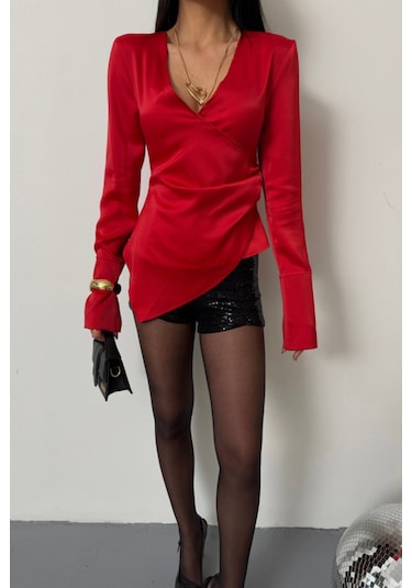 Saten Anvelop Bluz Manşet Kol - Kırmızı Kırmızı