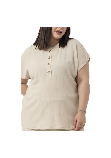 Büyük Beden Düşük Kollu Bluz Pantolon Bej Rengi İkili Takım Bej