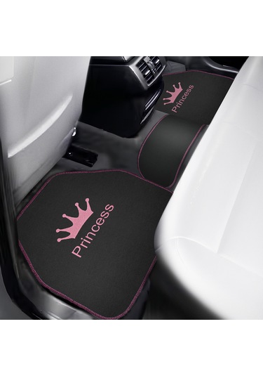 Prenses Gibi Arabana Hava Kat Taç Desenli Pembe Nakışlı 5 Li Oto Halı Paspas Seti