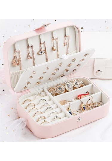 Novahub Kızlar Takı Saklama Kutusu Pu Deri Çift Katmanlı Tasarım Pembe Pembe Pembe