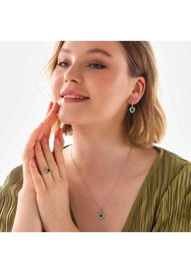 Casera's Gümüş Yeşil Taşlı Kalpli Kadın Set Csr2185191 Gümüş