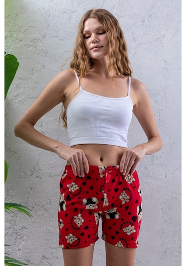 Giysa Kadın Beli Lastikli Desenli Şort Pijama Altı Kırmızı - 2027 Kırmızı