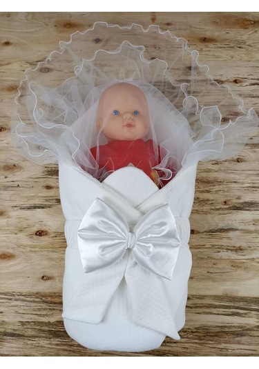 Yenidoğan Bal Peteği Taç Nakışlı Kundaklı Trilüks 3lü Alt Açma Seti Ekru Ekru