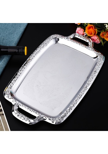 Wezone Stokta Çelik Tepsiler: Gümüş Kenarli Dikdörtgen Masaüstü Meyve-atıştırmalık Servis Ve Saklama Tabağı 40x23cm Diğer