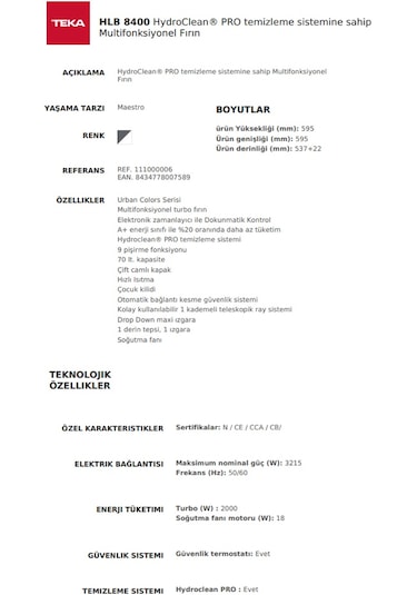 Teka HLB 8400 WH Ankastre Multifonksiyonel Dijital Ekranlı Turbo Fırın