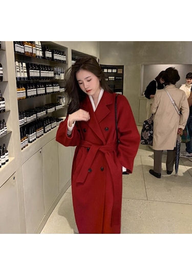 Kadınlar İçin Orta Uzunlukta Hepburn Tarzı Üst Düzey Mizaçlı Bol Yünlü Palto Kahverengi