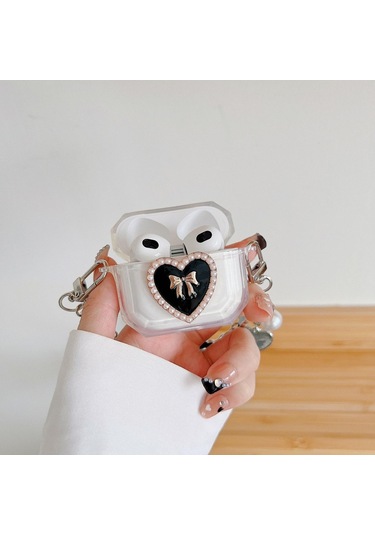 Apple Airpods 3. Nesil İle Uyumlu Kılıf Kalp Leopar Taş Kiraz Desenli Fiyok Tutmalı Kılıflar Siyah+gümüş