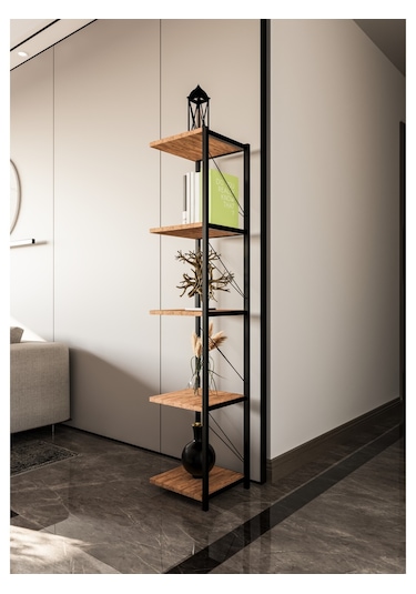 Alpa Ev Mobilya 5 Katlı Kare Raflı Metal Köşe Raf, Dekoratif Kitaplık Ve Modern Saksılık Atlantik Çam