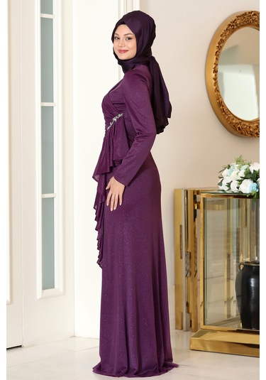 Parıltılı Fırfır Detaylı Zühre Tesettür Abiye Mor