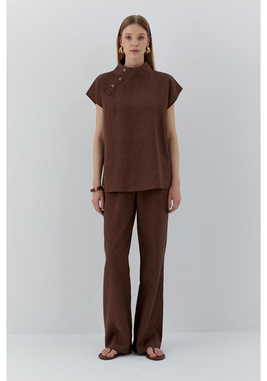 Düğme Detaylı Keten Takım Kahverengi Kahverengi