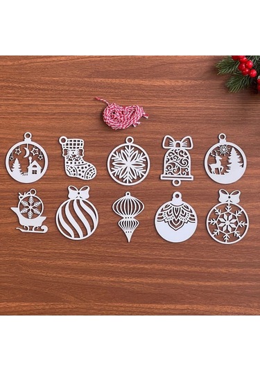 10 Parça Kırmızı Beyaz İpli Karışık Model Ahşap Yılbaşı Ağaç Süsü 5365