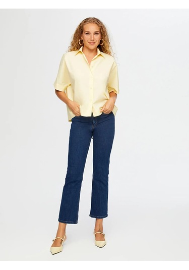Faik Sönmez Kısa Kol Rahat Form Poplin Kadın Gömlek W26gml003 Sarı