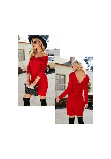 Sones Kadın Paket Kalça Uzun Örme Sırtı Açık Bükülmüş Düğüm Elbise Kırmızı