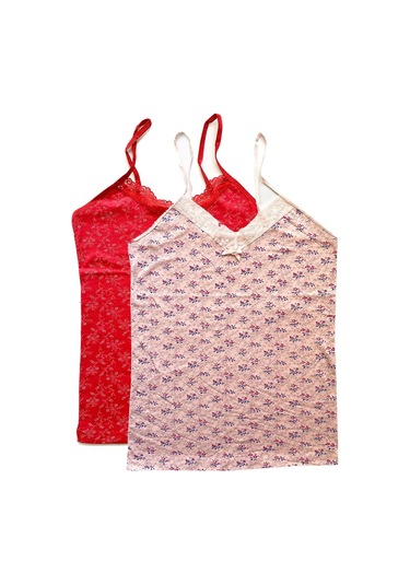 2 Adet Kadın Askılı Desenli Atlet Dantelli Empirme Pamuklu Penye D9-10 Çok Renkli