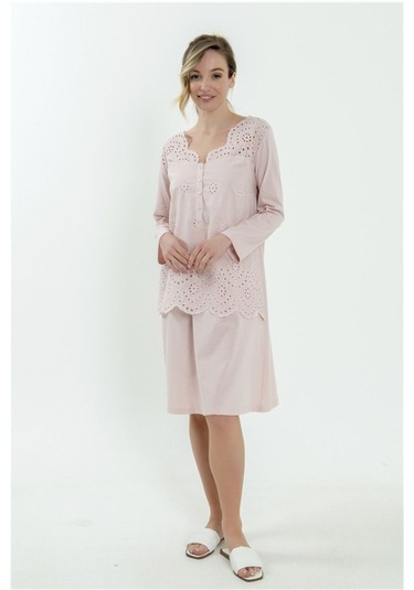 Magic Form 62108 Kadın Pudra Brodeli Penye Uzun Kollu Hamile Lohusa Gecelik