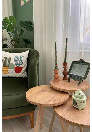 3'lü Zigon Sehpa Seti Saksılık Ve Çiçeklik Standı, Dekoratif Yan Sehpa Ahşap Ayaklı 33 Cm Çap - Atlantik Çam Atlantik Çam