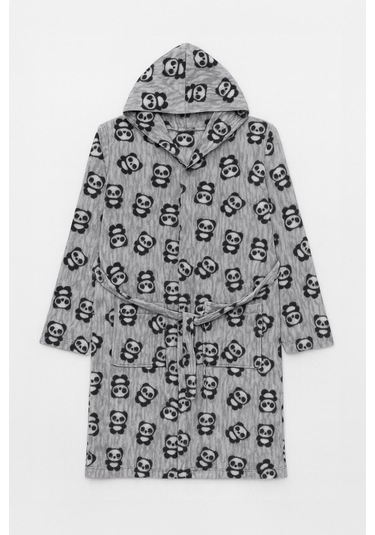 Kadın Kapüşonlu Panda Desenli Polar Sabahlık Gri