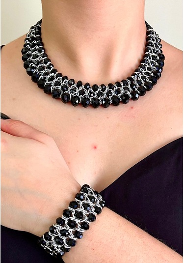 Siyah Kristal Taşlı Türk El Yapımı Gerdanlık Kolye Ve Bilezik Set Siyah