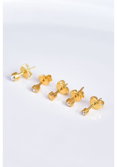 Çelik Gold Kaplama Cerrahi Tektaş Çivili 5'li Kombin Küpe Model6 Altın