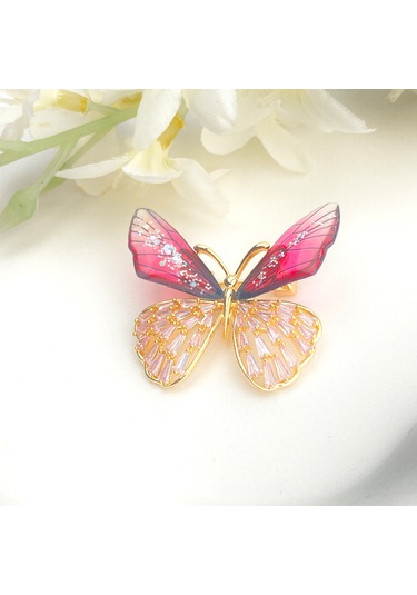 Broş Kadın Altın Kaplama Zirkon Taşlı Kelebek Yaka İğnesi Broş Ro Altın - Kırmızı