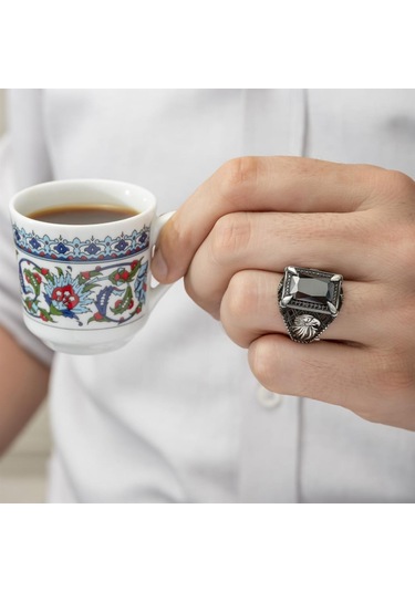 Kartal Motifli Kare Siyah Taşlı 925 Gümüş Erkek Yüzük