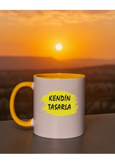 Kendin Tasarla Bardak - Kişiye Özel Bardak Satıya Sor 2 İçi Kulbu Sarı Bardak