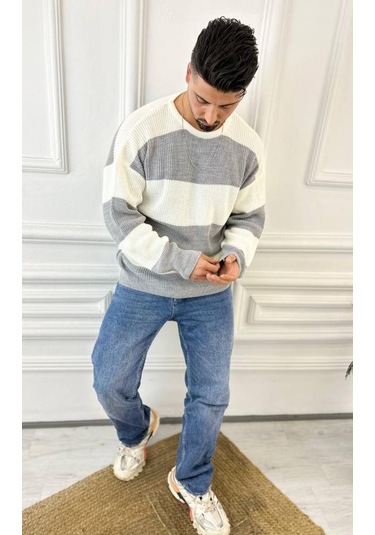 Kazak Oversize Tüylenmez Naturel Pamuk Örme Triko Kazak Gri