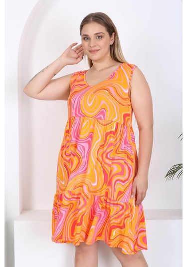 Kadın Turuncu Pembe Ebru Desen Büyük Beden Katlı Elbise Turuncu