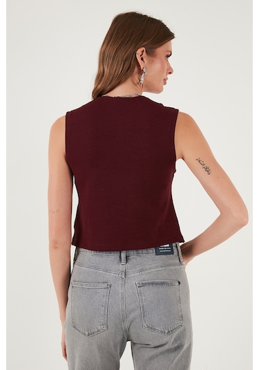 Lela Streç Fitted Fit V Yaka Düğmeli Bayan Yelek 5865971 Bordo