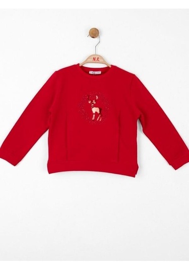 Kız Çocuk Parlak Geyik Baskılı Sweatshirt-13487 Kırmızı