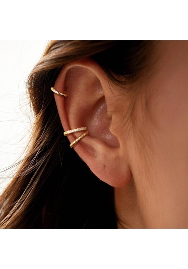 Geeksen Kadınlar İçin Zirkonyum Taşlı Altın Kaplama C Şekilli Pim Olmayan Uyarlanabilir Küçük Küpe Seti - 3 Adetli 2 Paket Gold