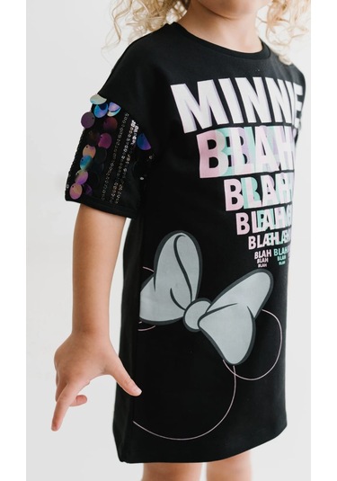Minnie Mouse Lisanslı Siyah Pullu Kol Şık Elbise Mn17666 Siyah