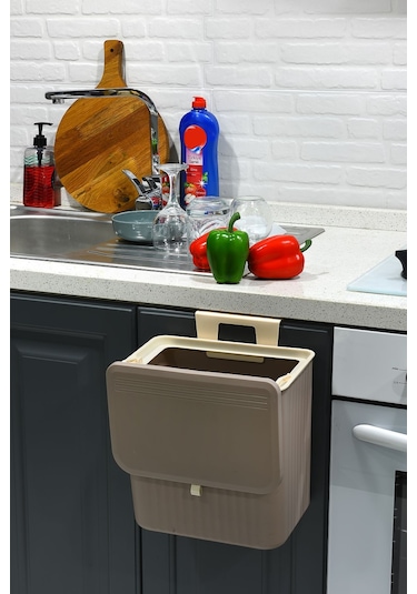 15 Lt Çift Yöne Açılabilen Kapaklı Dolap Askılı - Tezgah Üstü Mutfak Banyo Lavabo Çöp Kovası Latte