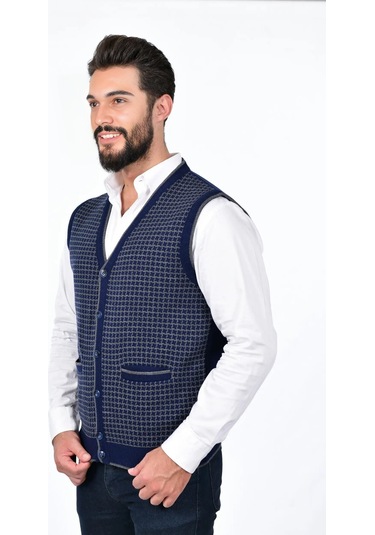 Kamalı Lacivert Erkek Çelik Örgü Düğmeli Cepli Kazayağı Desen Tüylenmeyen Triko Kışlık Kazak Yelek Lacivert
