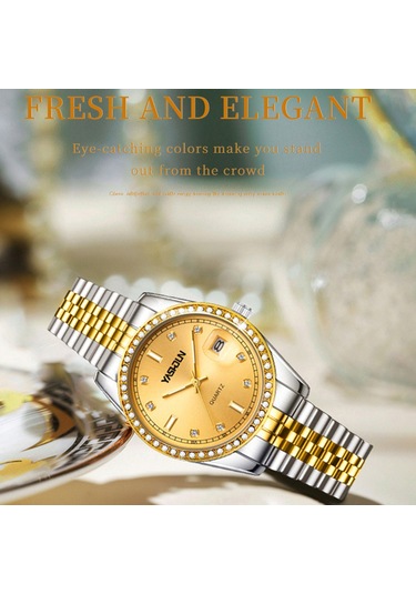 Yashıdun 5068 Şık Kadın Kuvars İzle Çelik Kayış Taklidi Dekor Aydınlık Saat - Altın Kadran