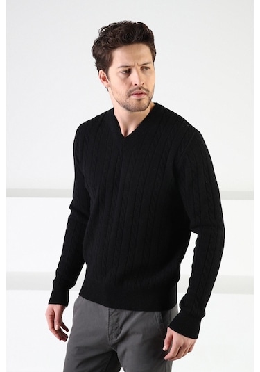 Ferraro Siyah V Yaka %100 Kuzu Yünü Erkek Kazak Siyah