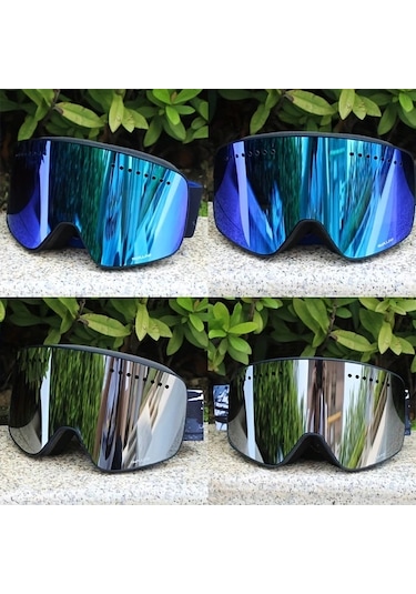 Oldfriend Pembe Çerçeveli Mavi Lens Manyetik Çift Kat Kayak Gözlüğü Anti Fog Snowboard