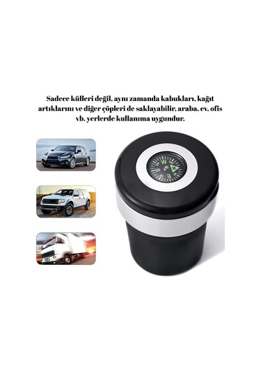 Araç İçi Küllük Pusulalı Işıklı Kapaklı Kokusuz Paslanmaz Çelik İçli Oto Küllüğü Gümüş Glz03504054