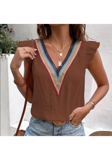 Yaz V Yaka Dantel Kelebek Kollu Kadın Bluz Zarif Rahat Kadın Beyaz Gömlek Moda Zarif Kolsuz Blusas Tops 25803 Orion Çok Renkli