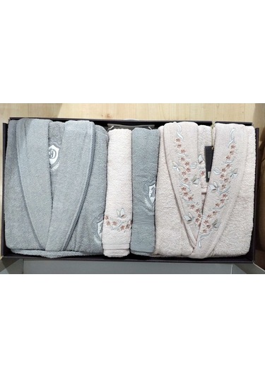 Dantela Premium Soft Nakışlı Aile Bornoz Seti-Yade Pudra Gri Gri - Pudra