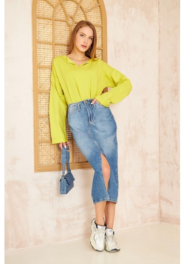 Kadın Ekstra Uzun Duble Kol / Yakası Yırtmaçlı Salaş Sweatshirt Bluz 3470190 Yağ Yeşili