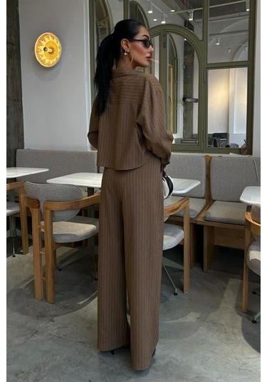 Crop Gömlekli Çizgili Takım 10080 Kahverengi