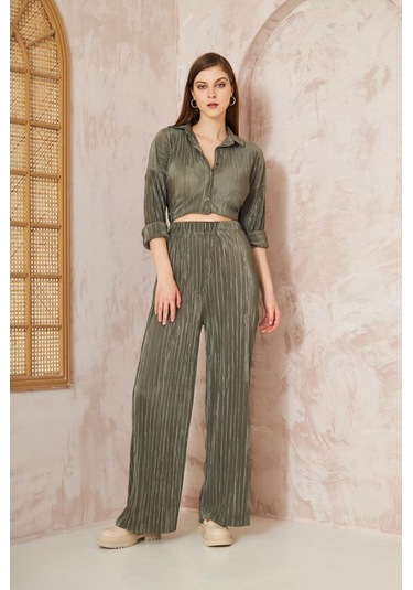 Kadın Pliseli Beli Lastikli Pantolon Tunik Gömlek Ikili Bürümcük Salaş Takım 3573300 Haki