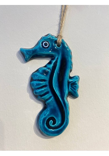 El Yapımı Nazar Boncuğu, Duvar Dekorasyon Ürünü, Seramik, El İşçiliği, Turkuaz Renkte Denizatı Desenli -