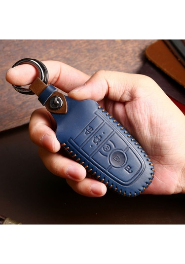 Maiyame Ford Fusion, Explorer, F-150 Raptor Ve Diğer Modeller İçin 5 Tuşlu Akıllı Anahtar Koruması - Crazy Horse Deri, 360 Tam Kaplama, Mavi