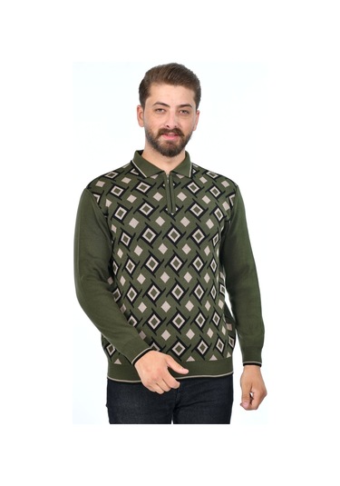 Kamalı Erkek Çelik Örgü Gömlek Yaka Fermuarlı Polo Yakalı Kazayağı Tüylenmeyen Triko Kışlık Baba Kazak Haki