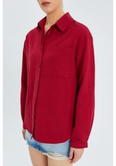 9942 Kadın Oxford Uzun Kol Basic Gömlek Bordo Bordo