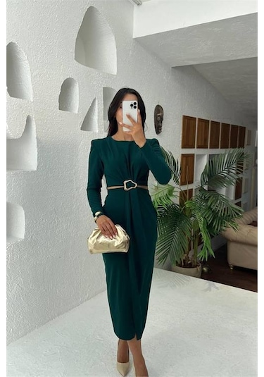 Neşeli Butik Kadın Bel Dekolteli Toka Detaylı Uzun Kollu Elbise Nbmy3655 Yeşil